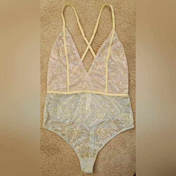 Auden Tops - Vintage Auden Sheer Floral Mesh Lace Thong Bodysuit w Criss Cross Straps.